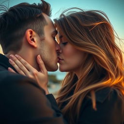 An intimate moment capturing two lovers in a passionate kiss, their eyes closed and expressions filled with emotion