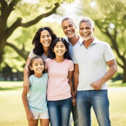 Generate an image of a cheerful family of four, parents and two children, laughing and enjoying a sunny day in a park.