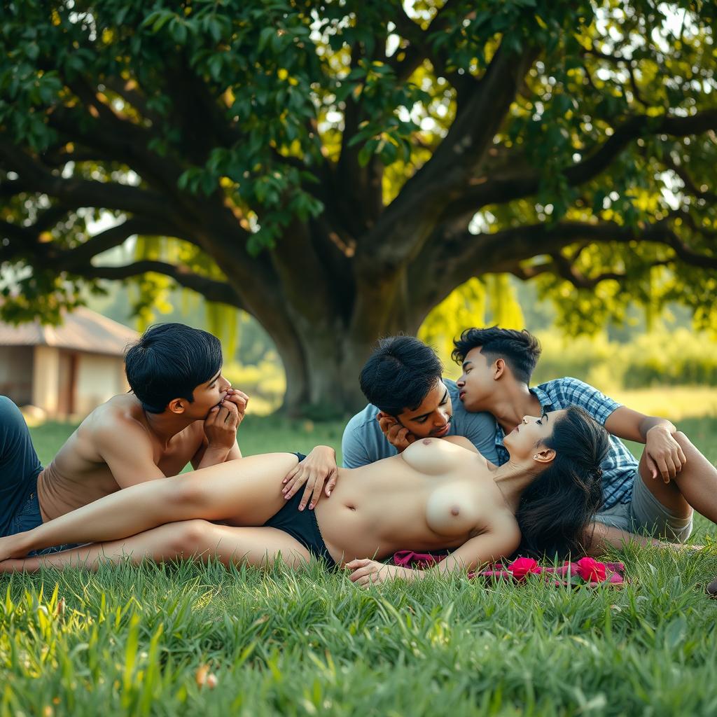 An intimate scene set in a lush green field under a large tree, outside a rustic village