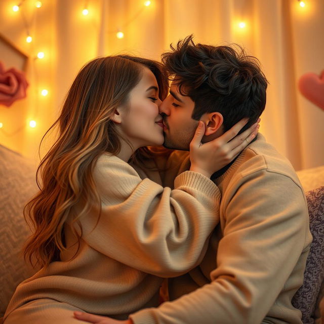 A heartwarming scene depicting a cute woman passionately kissing her partner in a cozy and intimate setting, with warm lighting enhancing the emotional atmosphere