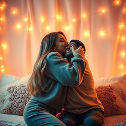 A heartwarming scene depicting a cute woman passionately kissing her partner in a cozy and intimate setting, with warm lighting enhancing the emotional atmosphere