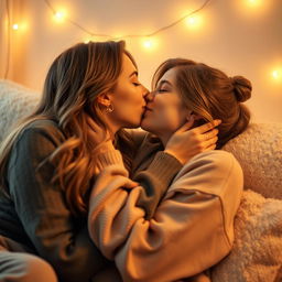A heartwarming scene depicting a cute woman passionately kissing her partner in a cozy and intimate setting, with warm lighting enhancing the emotional atmosphere