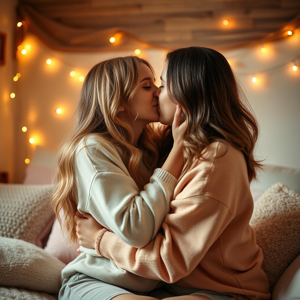 A heartwarming scene depicting a cute woman passionately kissing her partner in a cozy and intimate setting, with warm lighting enhancing the emotional atmosphere