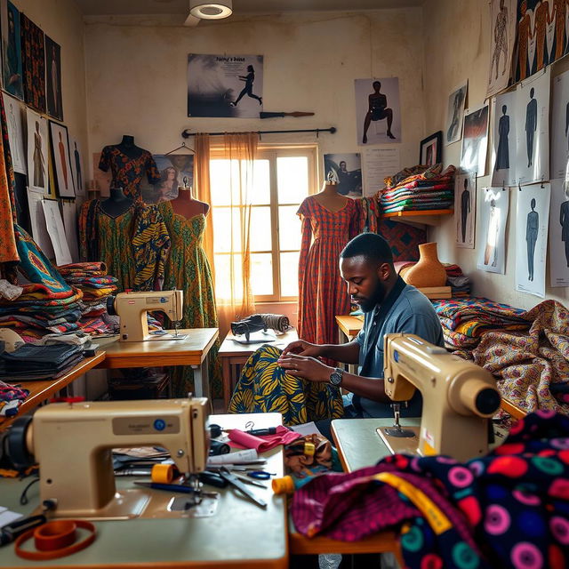 A busy fashion designer at work in his tailoring center, surrounded by colorful fabrics and sewing machines, set in a traditional Hausa environment