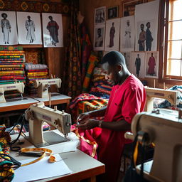 A busy fashion designer at work in his tailoring center, surrounded by colorful fabrics and sewing machines, set in a traditional Hausa environment