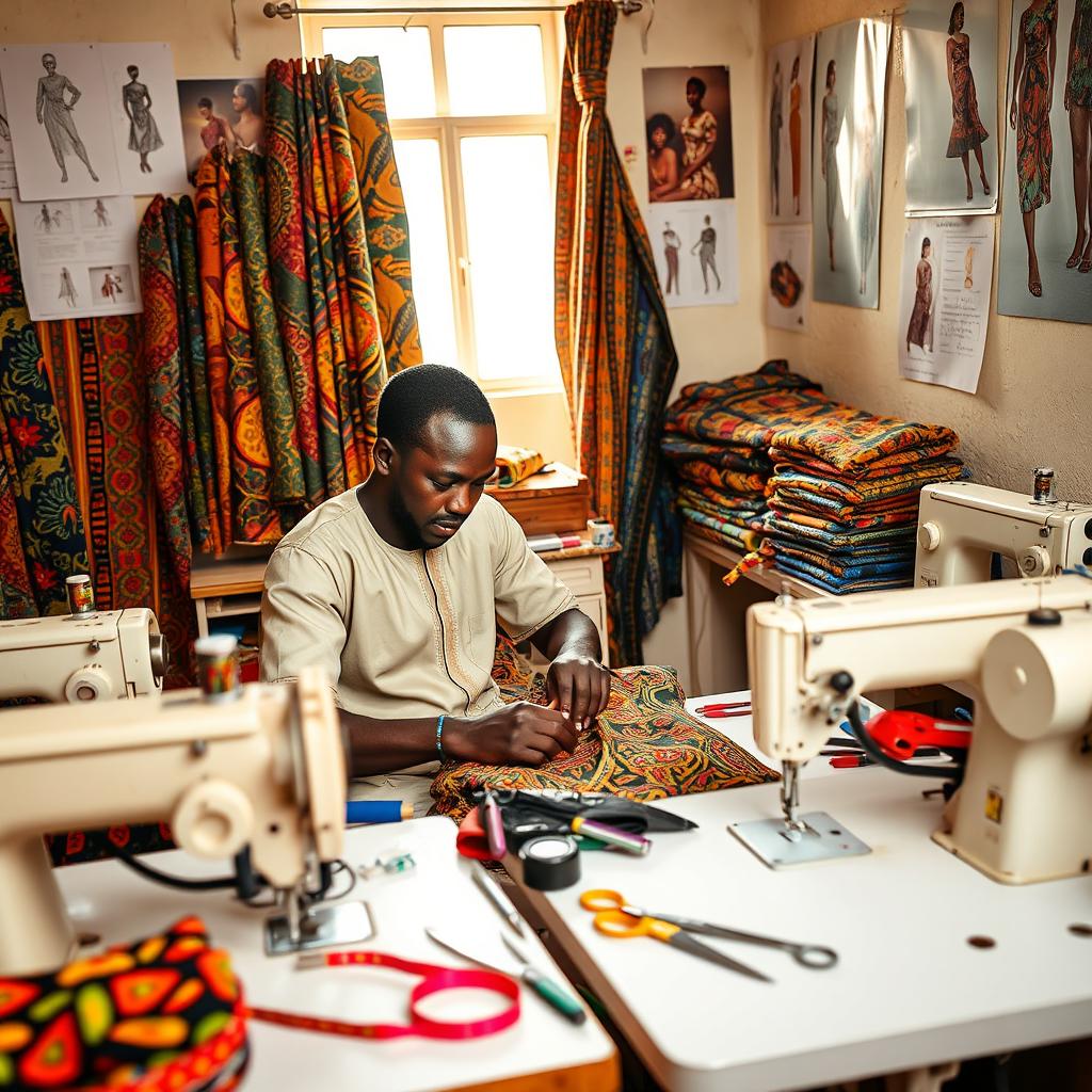 A busy fashion designer at work in his tailoring center, surrounded by colorful fabrics and sewing machines, set in a traditional Hausa environment