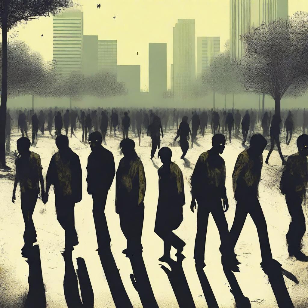 Create an image of individuals turned into zombies, wandering aimlessly in every direction inside a park amidst a bustling city