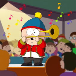 A cartoonish scene depicting Eric Cartman from South Park, wearing his iconic red jacket and blue hat with a yellow puffball, energetically playing a trombone