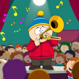 A cartoonish scene depicting Eric Cartman from South Park, wearing his iconic red jacket and blue hat with a yellow puffball, energetically playing a trombone