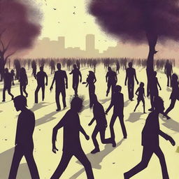 Create an image of individuals turned into zombies, wandering aimlessly in every direction inside a park amidst a bustling city