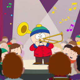 A cartoonish scene depicting Eric Cartman from South Park, wearing his iconic red jacket and blue hat with a yellow puffball, energetically playing a trombone