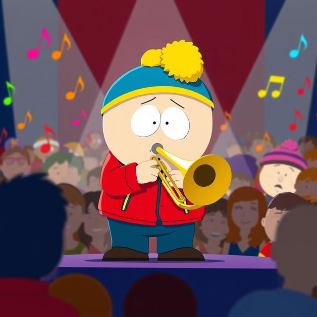 A cartoonish scene depicting Eric Cartman from South Park, wearing his iconic red jacket and blue hat with a yellow puffball, energetically playing a trombone