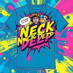 A captivating t-shirt design inspired by the band Neck Deep, featuring a vibrant comic book style