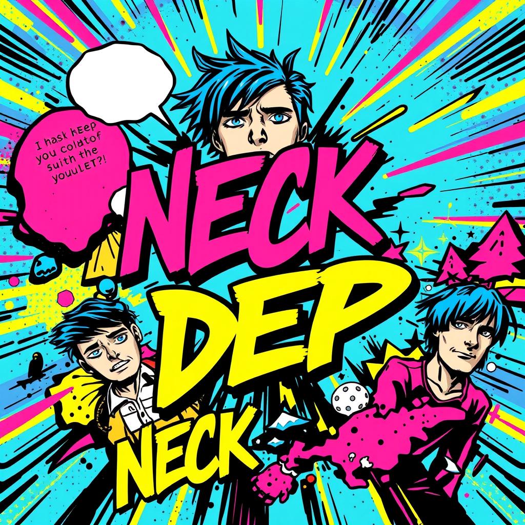 A captivating t-shirt design inspired by the band Neck Deep, featuring a vibrant comic book style