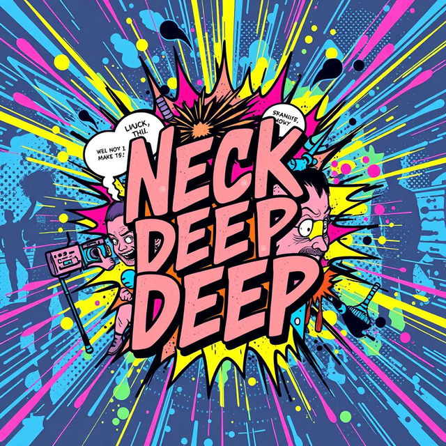 A captivating t-shirt design inspired by the band Neck Deep, featuring a vibrant comic book style