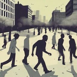 Create an image of individuals turned into zombies, wandering aimlessly in every direction inside a park amidst a bustling city