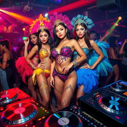 A vibrant nightclub scene featuring beautiful busty Asian women in their twenties, showcasing thin waists