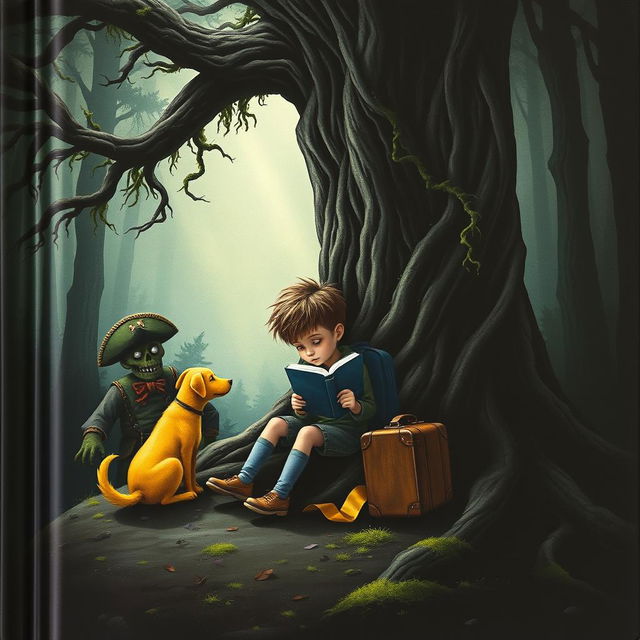 A chilling book cover depicting a young boy with a backpack and a suitcase sitting under a large, ominous tree