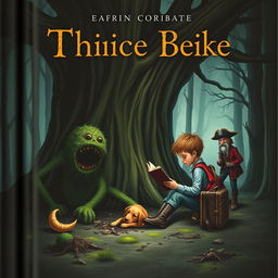 A chilling book cover depicting a young boy with a backpack and a suitcase sitting under a large, ominous tree