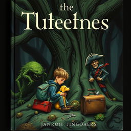 A chilling book cover depicting a young boy with a backpack and a suitcase sitting under a large, ominous tree