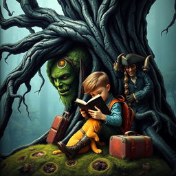 A terrifying book cover featuring a young boy with a backpack and suitcase sitting underneath a menacing, gnarled tree