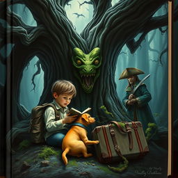 A terrifying book cover featuring a young boy with a backpack and suitcase sitting underneath a menacing, gnarled tree