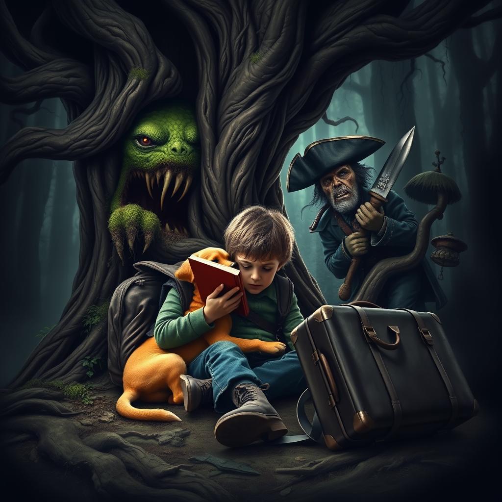 A terrifying book cover featuring a young boy with a backpack and suitcase sitting underneath a menacing, gnarled tree