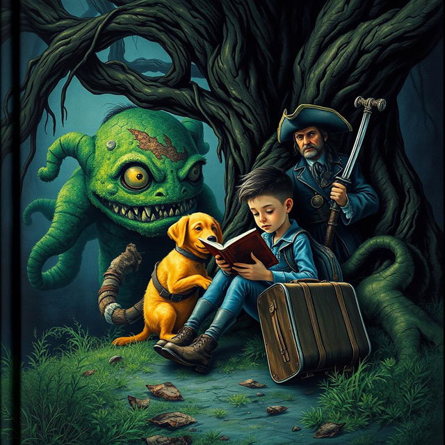 A terrifying book cover featuring a young boy with a backpack and suitcase sitting underneath a menacing, gnarled tree