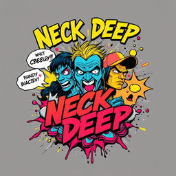 A stunning and vibrant T-shirt design inspired by comic art featuring the theme of 'Neck Deep