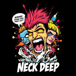 A stunning and vibrant T-shirt design inspired by comic art featuring the theme of 'Neck Deep