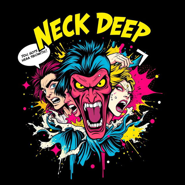 A stunning and vibrant T-shirt design inspired by comic art featuring the theme of 'Neck Deep