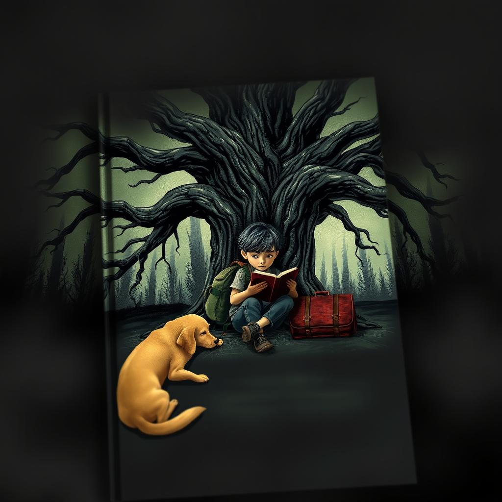 A haunting book cover featuring a young boy with a backpack and a suitcase sitting under a sprawling, sinister-looking tree