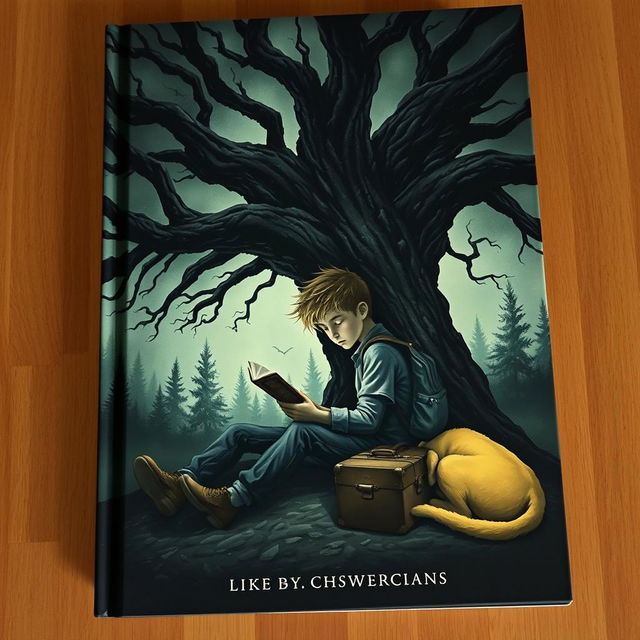 A haunting book cover featuring a young boy with a backpack and a suitcase sitting under a sprawling, sinister-looking tree