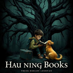 A haunting book cover featuring a young boy with a backpack and a suitcase sitting under a sprawling, sinister-looking tree