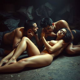 A provocative scene depicting a beautiful young woman with long legs, lying on the floor in a slum environment