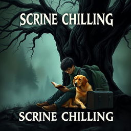 A spine-chilling book cover featuring a 15-year-old boy with a backpack and a suitcase, sitting beneath a large, dark tree