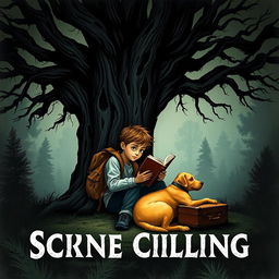 A spine-chilling book cover featuring a 15-year-old boy with a backpack and a suitcase, sitting beneath a large, dark tree