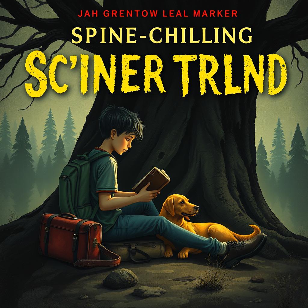 A spine-chilling book cover featuring a 15-year-old boy with a backpack and a suitcase, sitting beneath a large, dark tree