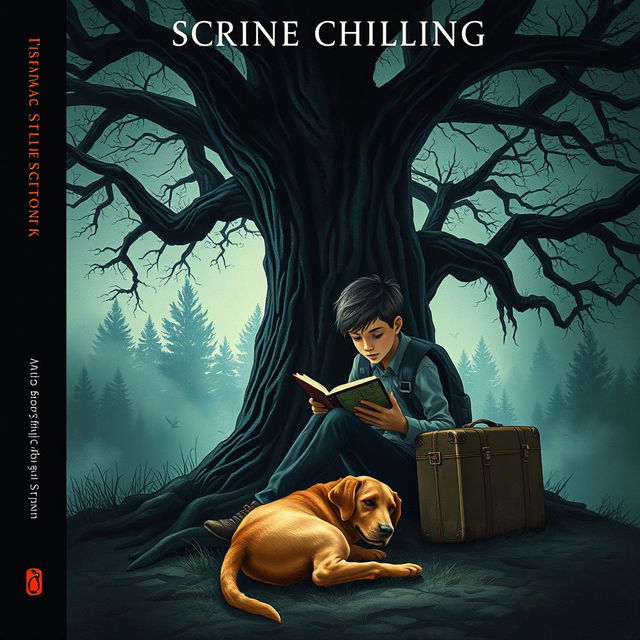 A spine-chilling book cover featuring a 15-year-old boy with a backpack and a suitcase, sitting beneath a large, dark tree