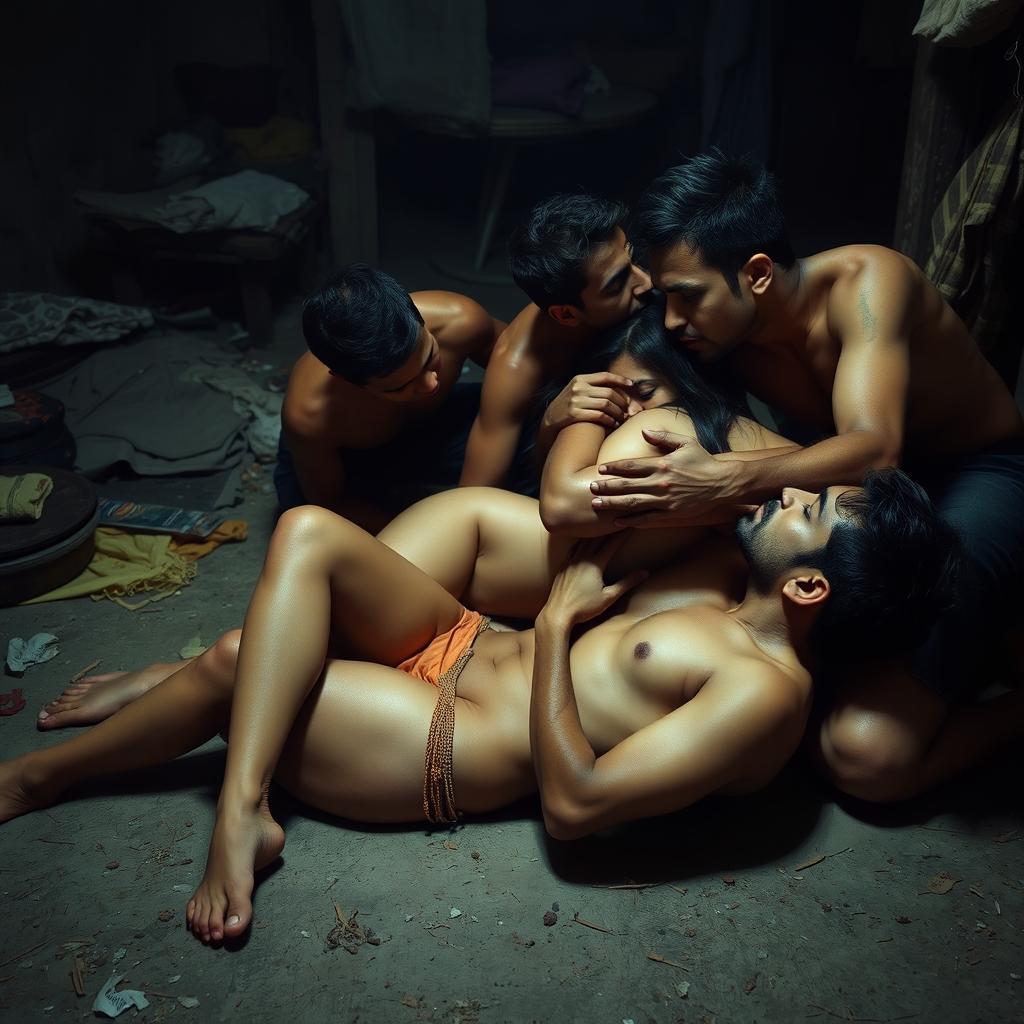 A provocative scene featuring a Pakistani woman with long legs, lying on the floor in a slum environment