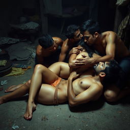 A provocative scene featuring a Pakistani woman with long legs, lying on the floor in a slum environment