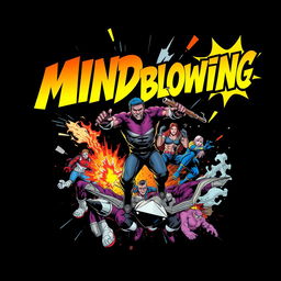 A mindblowing comic-themed scene for a t-shirt neck design, featuring vibrant colors and dynamic characters in action