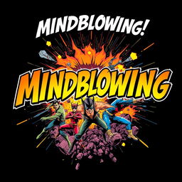 A mindblowing comic-themed scene for a t-shirt neck design, featuring vibrant colors and dynamic characters in action