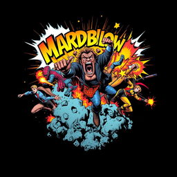 A mindblowing comic-themed scene for a t-shirt neck design, featuring vibrant colors and dynamic characters in action