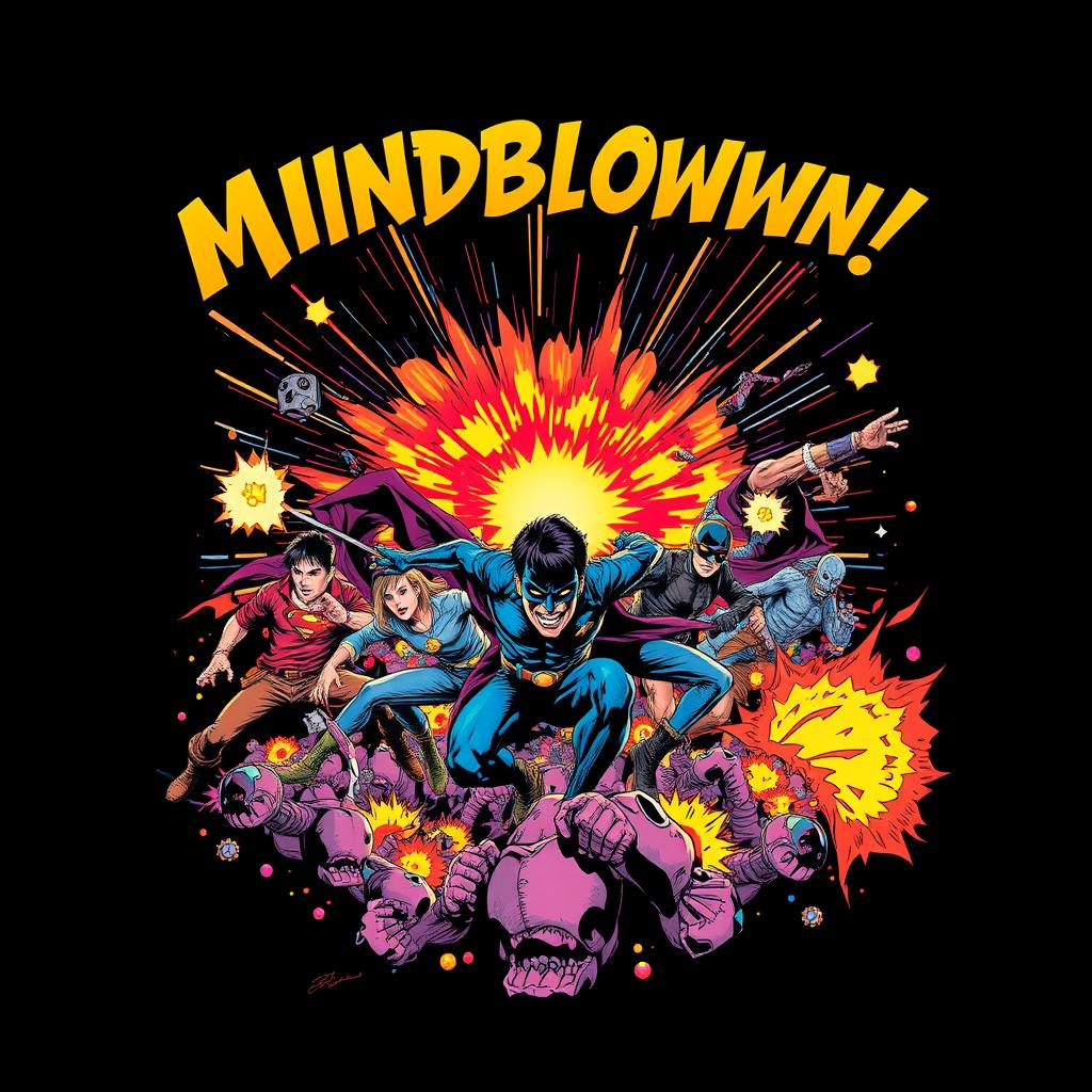 A mindblowing comic-themed scene for a t-shirt neck design, featuring vibrant colors and dynamic characters in action