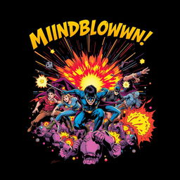 A mindblowing comic-themed scene for a t-shirt neck design, featuring vibrant colors and dynamic characters in action