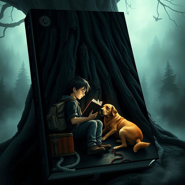 A chilling book cover featuring a 15-year-old boy with a backpack and a suitcase seated beneath a large, ominous tree