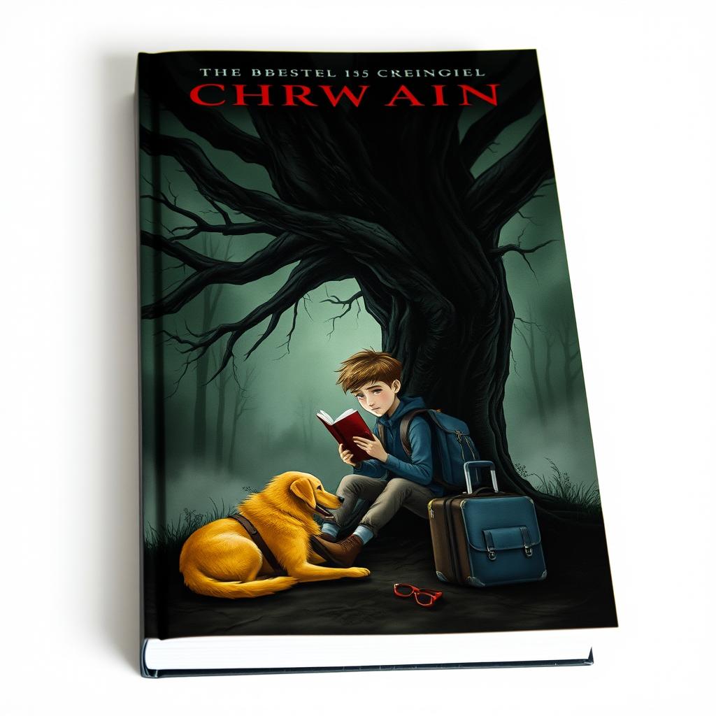 A chilling book cover featuring a 15-year-old boy with a backpack and a suitcase seated beneath a large, ominous tree