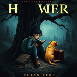 A chilling book cover featuring a 15-year-old boy with a backpack and a suitcase seated beneath a large, ominous tree