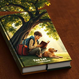 A captivating book cover featuring a 15-year-old boy with a backpack and a suitcase sitting peacefully under a large tree